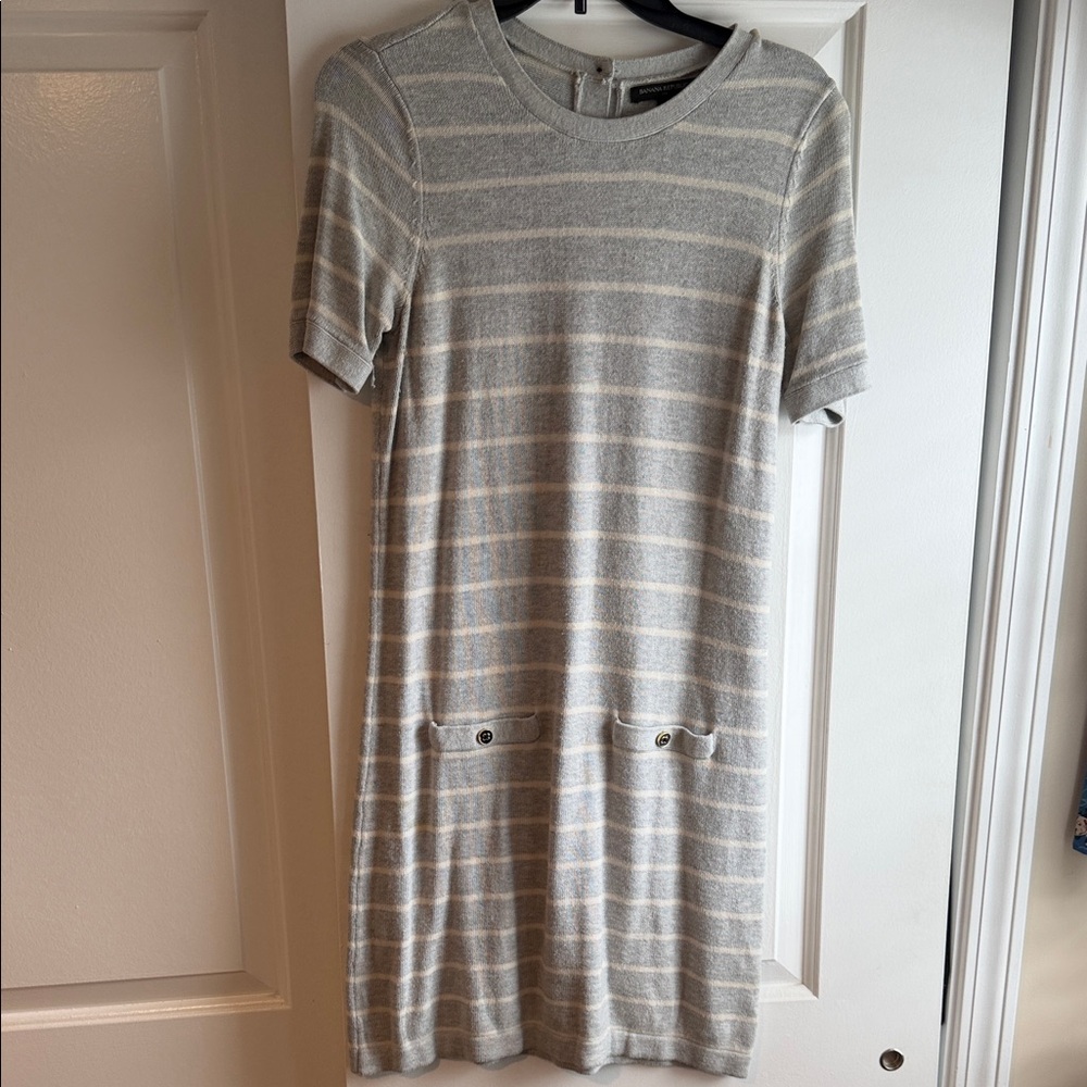 Banana Republic Striped Short-Sleeve Midi Dress in Light Gray and Cream